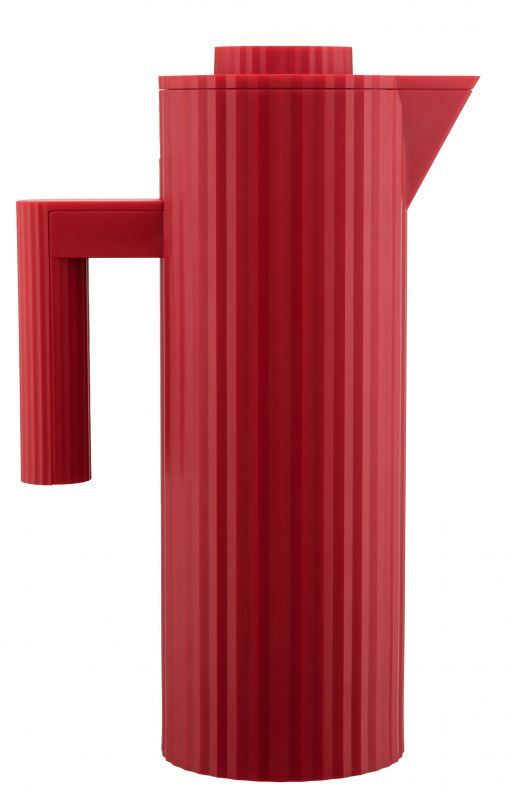 Rote Alessi Isolierkanne MDL12 mit Plissee-Design, ideal für Tee, Kaffee und andere Heißgetränke.